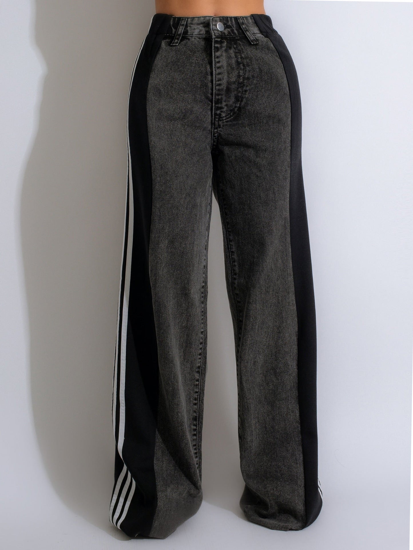 Pantalon décontracté taille haute élastique à jambe droite