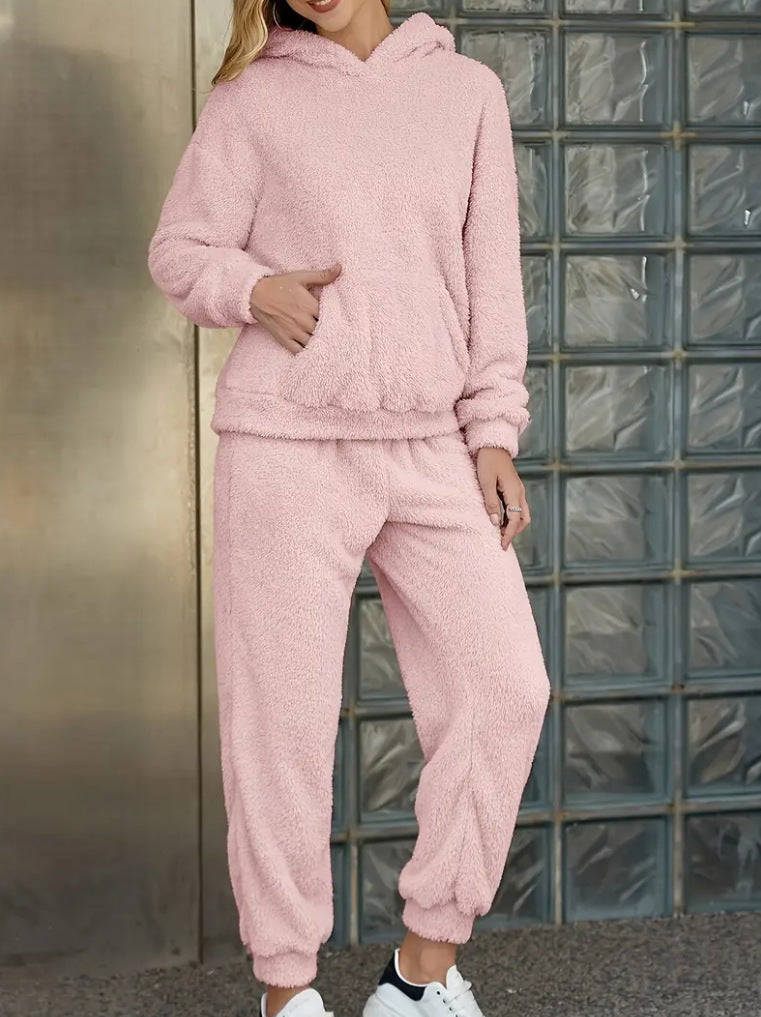 Pyjama d'hiver en peluche, haut à capuche décontracté et pantalon à bande élastique, vêtements chauds pour canapé et maison, ensemble de pantalons pour femmes