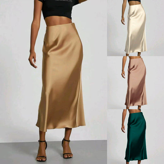Jupe longue en satin coupe slim pour femme, style chic et uni