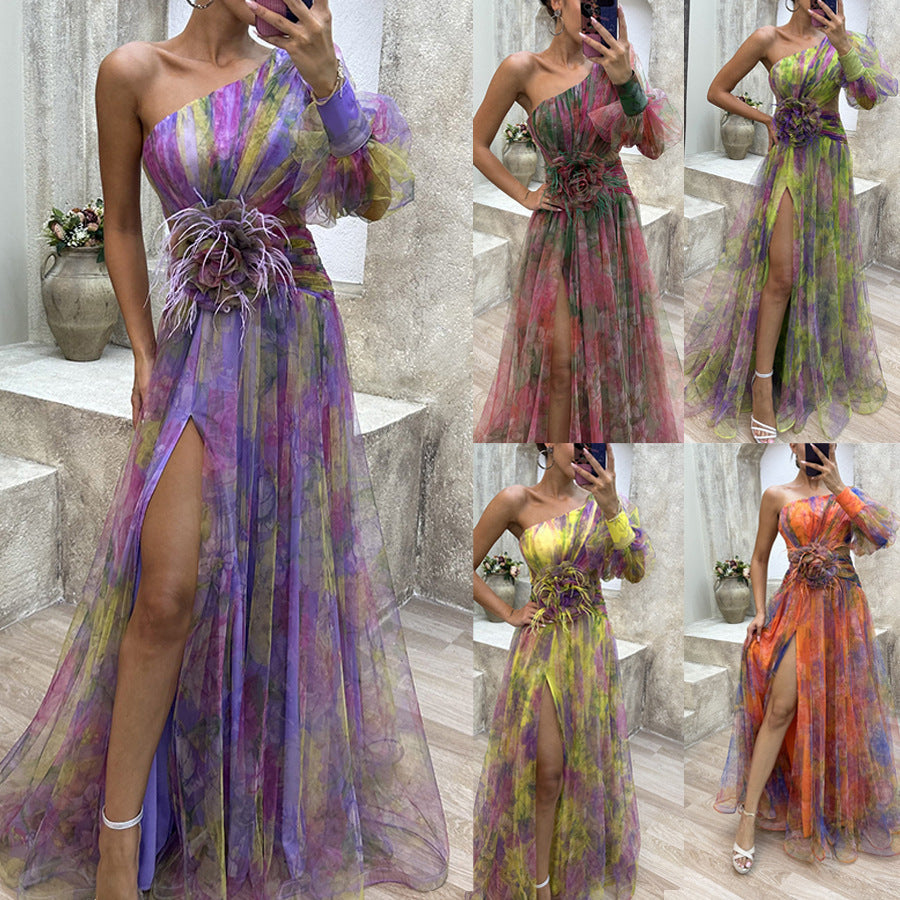 Nouvelle robe de soirée en maille à épaules inclinées, jupe longue décontractée et tendance pour femme