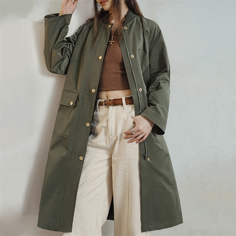 Trench-coat rétro vert olive ample à poches rabattables