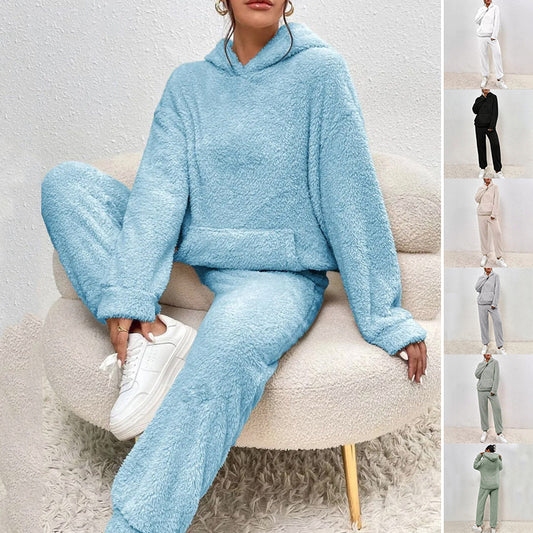 Pyjama d'hiver en peluche, haut à capuche décontracté et pantalon à bande élastique, vêtements chauds pour canapé et maison, ensemble de pantalons pour femmes