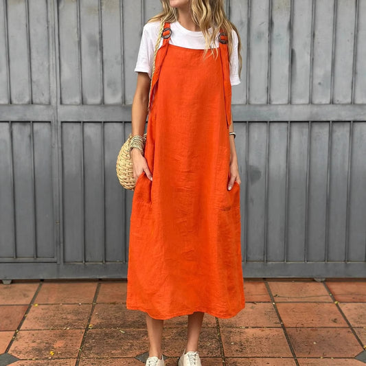 Robe d'été décontractée en coton et lin , bretelles réglables