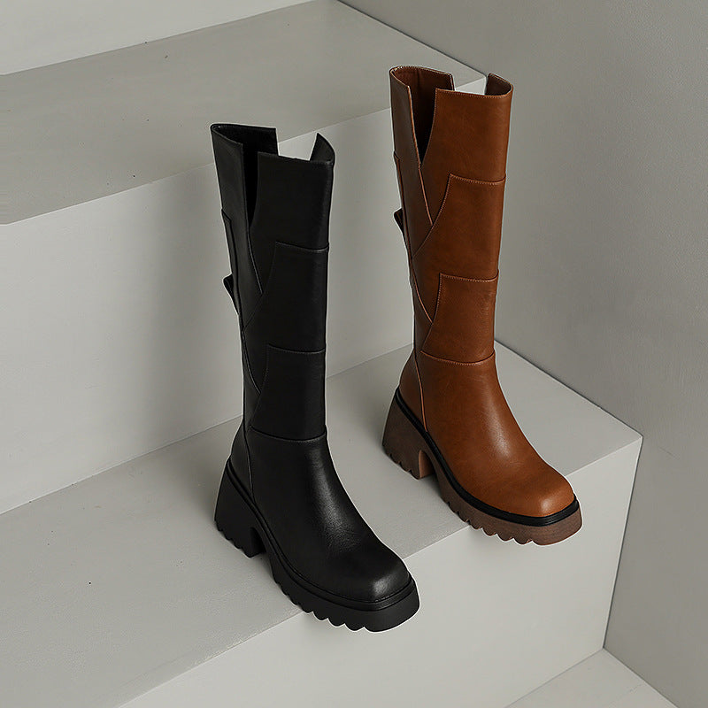 Bottes à plateforme marron pour femme, hauteur genou