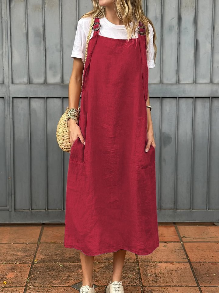 Robe d'été décontractée en coton et lin , bretelles réglables