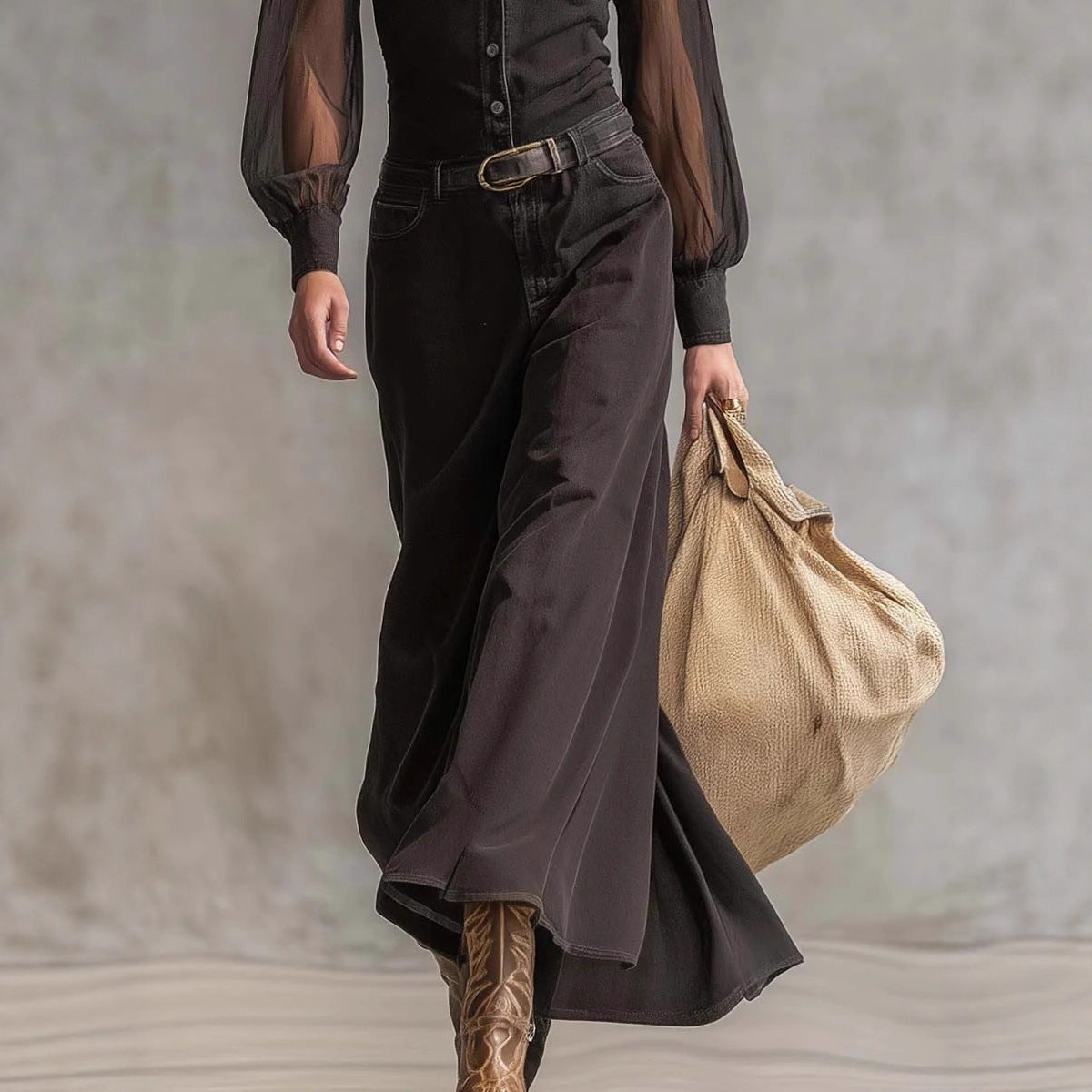 Robe chemisier transparente à manches longues et col boutonné en maille