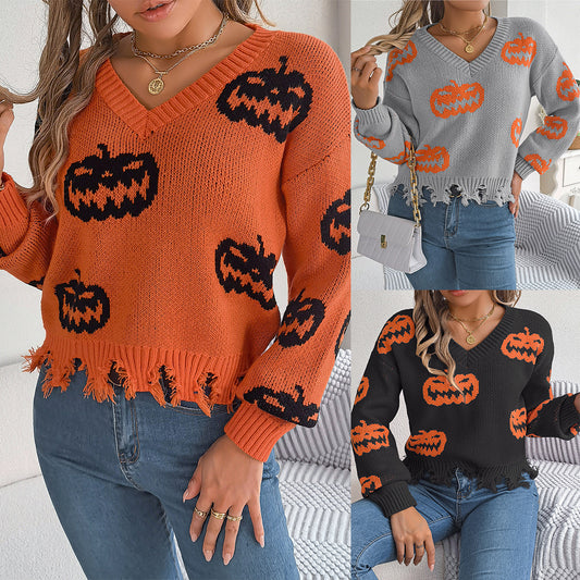 Pull à manches longues à coupe citrouille contrastée pour Halloween