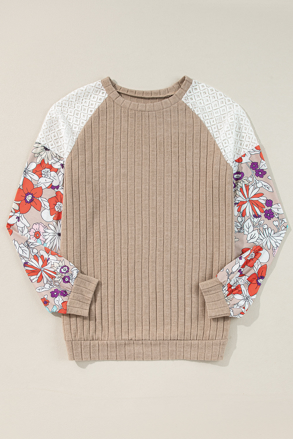 Blouse côtelée à manches longues et patchwork floral parchemin