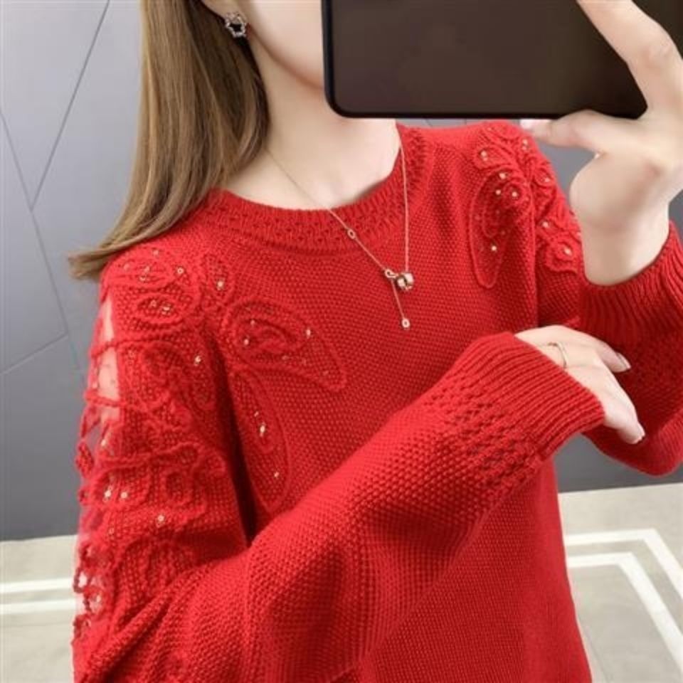 Pull en dentelle à manches longues pour femme, ample et ajouré