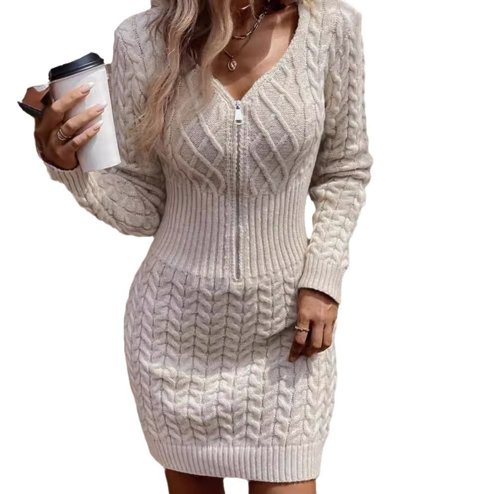 Robe tricotée décontractée à fermeture éclair en relief, Blanc- Beige