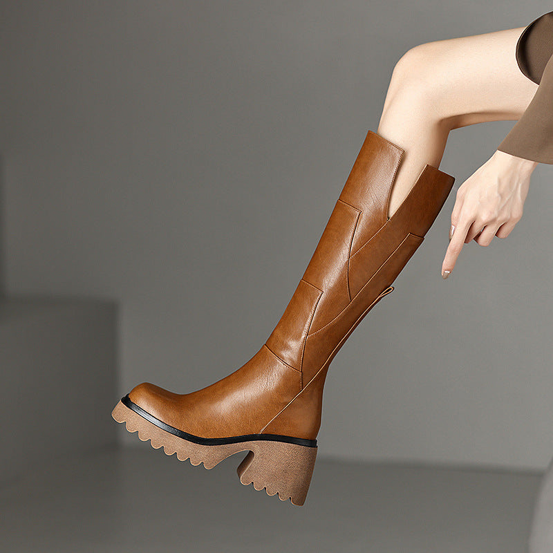 Bottes à plateforme marron pour femme, hauteur genou