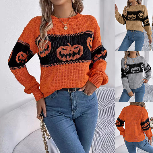 Pull-over citrouille d'Halloween à manches longues pour femme