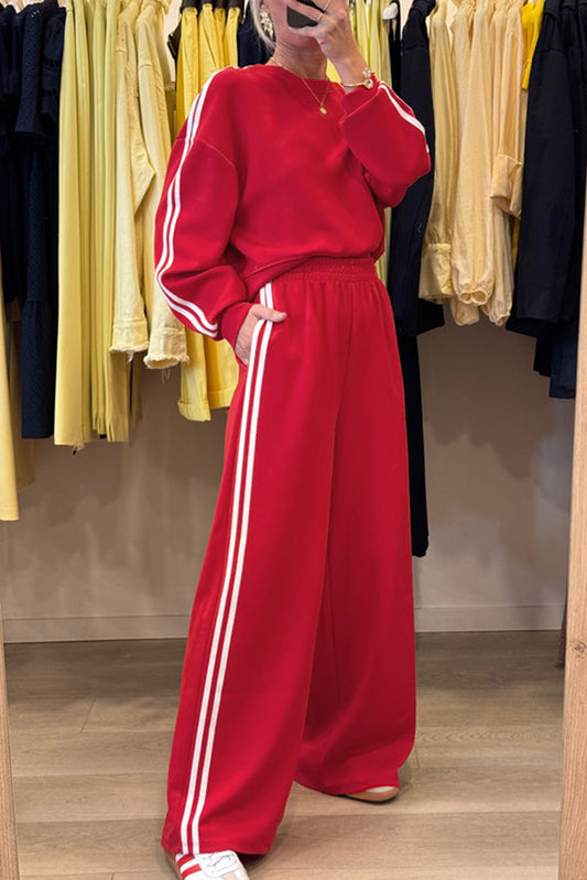 Fiery Red Varsity Striped Detail Crewneck Pullover Elastic Sweatpants 2PCS tenue