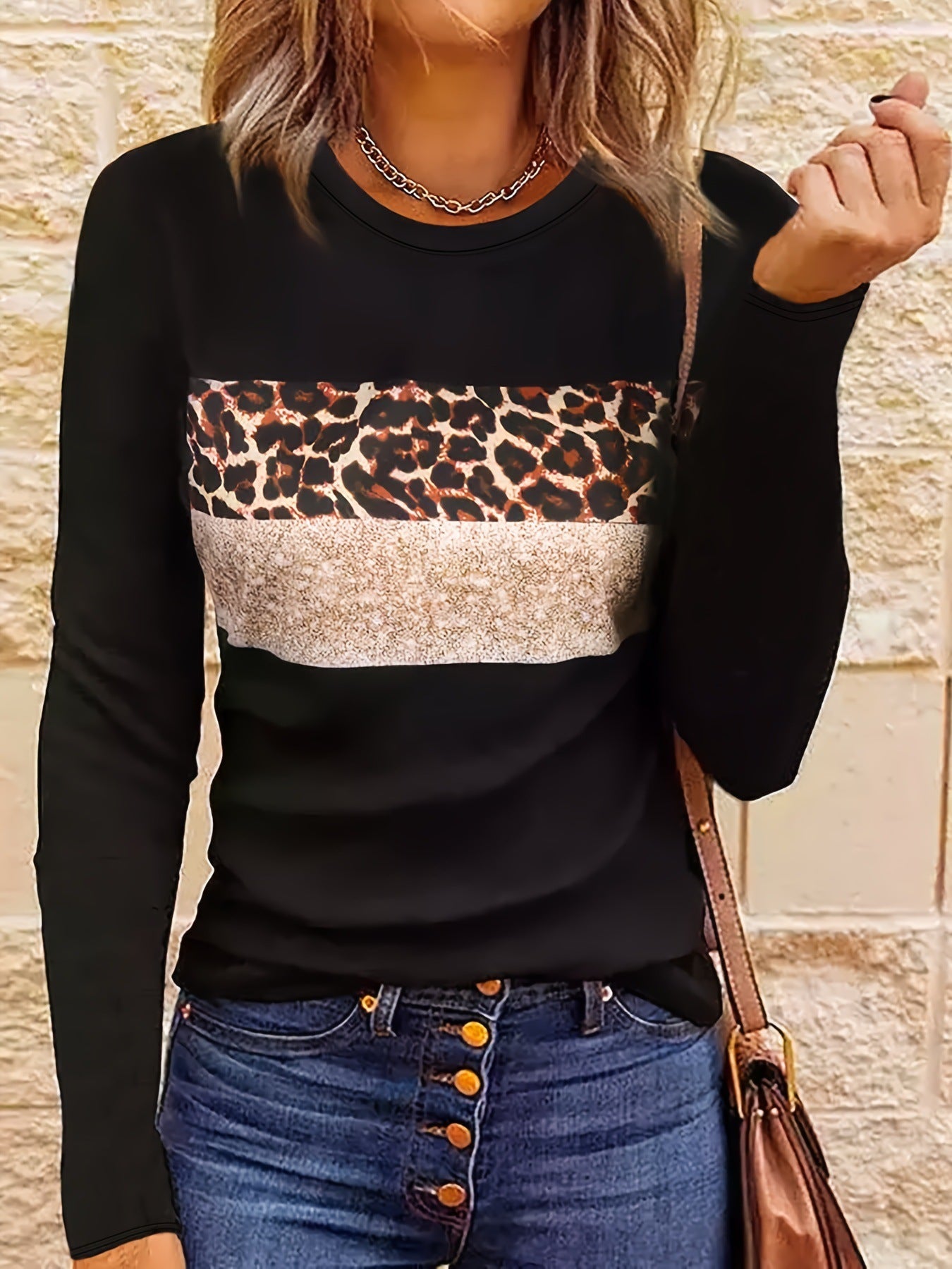 T-shirt ajusté à manches longues pour femme, simple et décontracté, imprimé