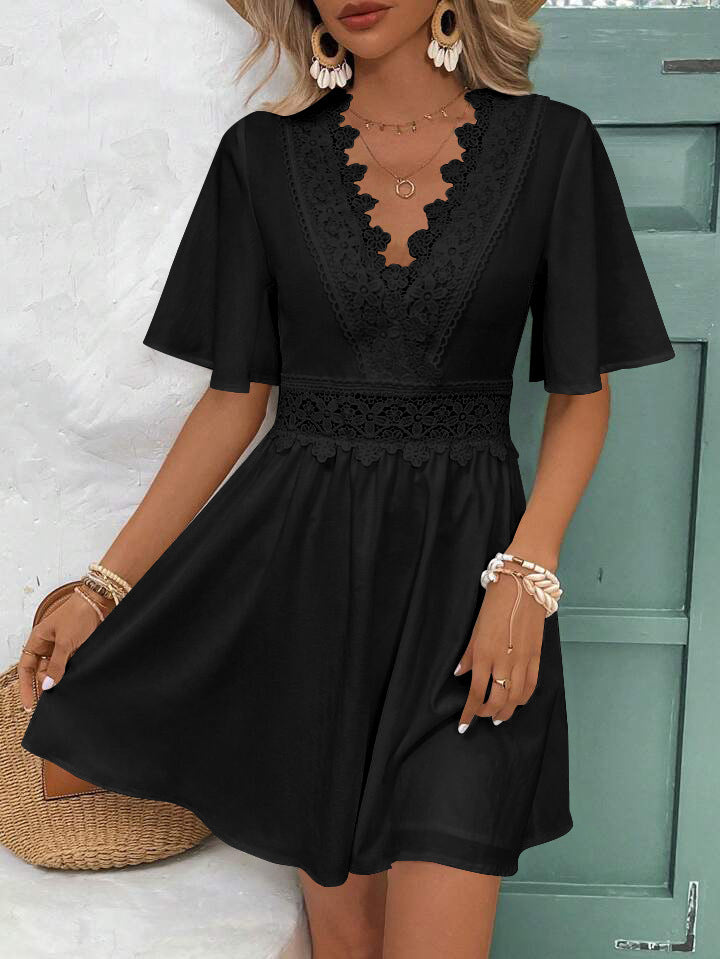 Robe à manches courtes et col en V en dentelle pour femme