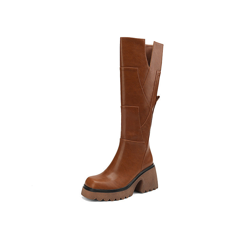 Bottes à plateforme marron pour femme, hauteur genou