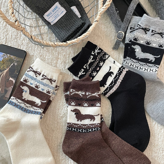 Chaussettes mi-mollet mignonnes en laine avec motif saucisse de Fair Island
