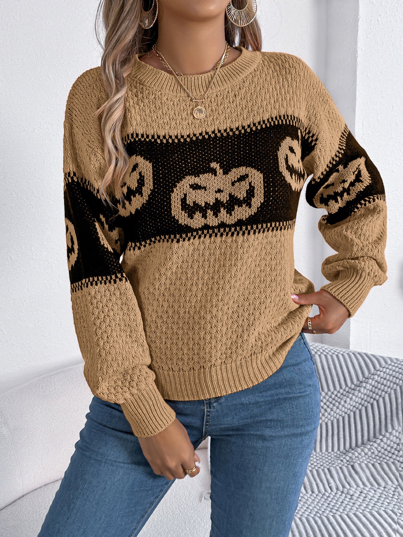Pull-over citrouille d'Halloween à manches longues pour femme