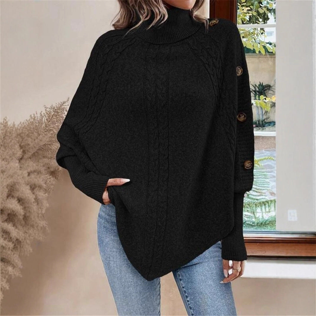 Chemise à manches longues chauve-souris décorative à col roulé et boutons