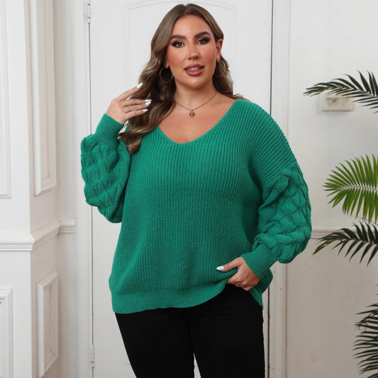 Pull décontracté tissé en V profond à manches ananas pour femme grande taille