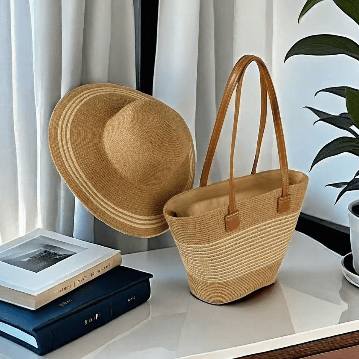 Ensemble de sacs et chapeau de paille pour vacances en bord de mer