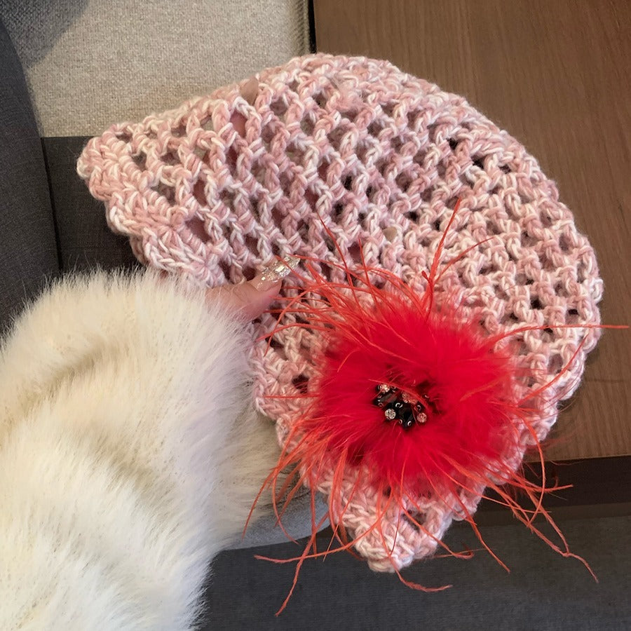 Bonnet tricoté à la main en plumes noires rétro françaises