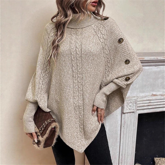 Chemise à manches longues chauve-souris décorative à col roulé et boutons