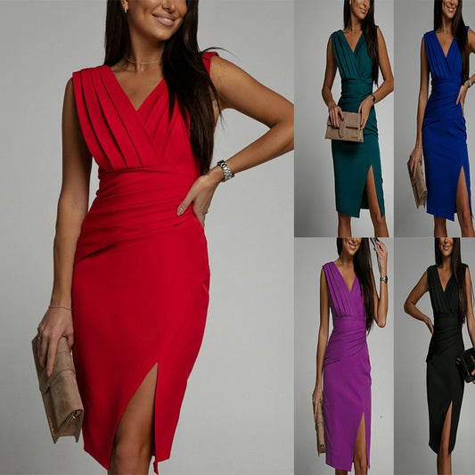 Robe longue d'été, nouvelle collection, col en V, sans manches, fente, taille haute, robe de soirée, vêtements pour femmes