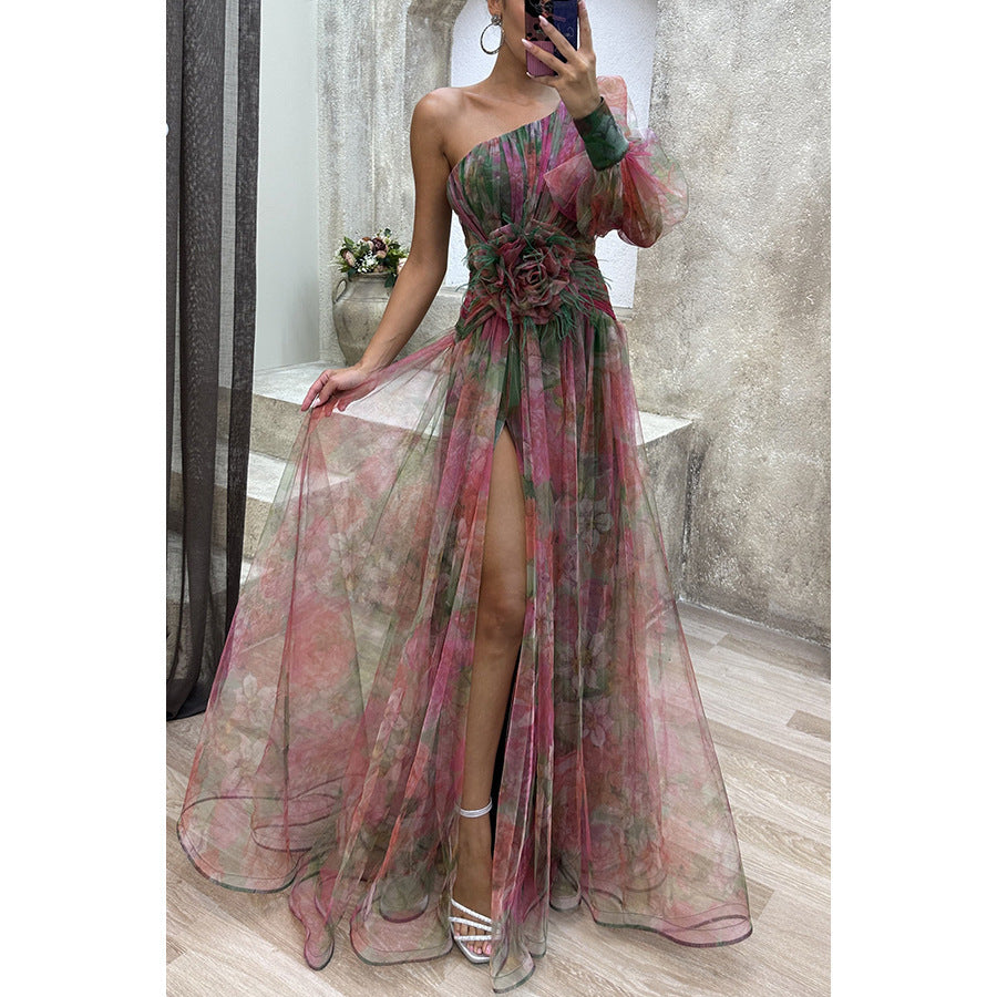 Nouvelle robe de soirée en maille à épaules inclinées, jupe longue décontractée et tendance pour femme