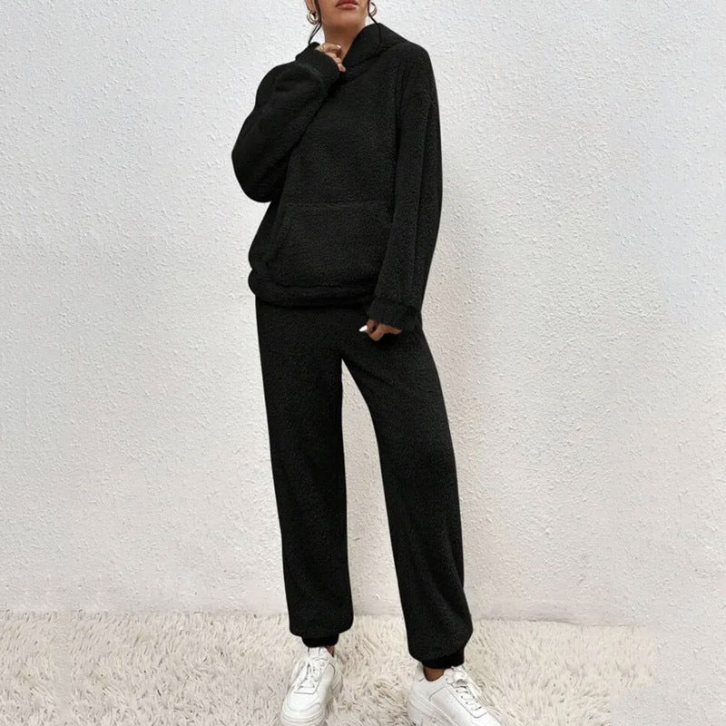 Pyjama d'hiver en peluche, haut à capuche décontracté et pantalon à bande élastique, vêtements chauds pour canapé et maison, ensemble de pantalons pour femmes