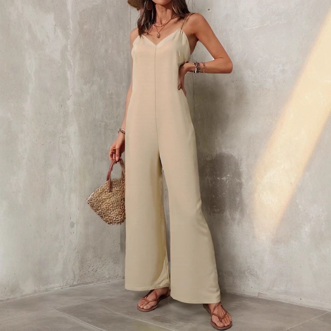 Combinaison décontractée élégante avec pantalon droit ample de couleur unie