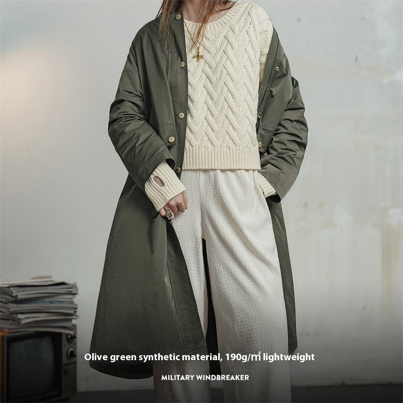 Trench-coat rétro vert olive ample à poches rabattables
