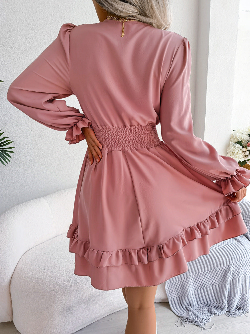 Robe d'été à manches longues et col en V, couleur unie, pour femme, robe trapèze sexy à lacets et col en V, robe de plage pour femme