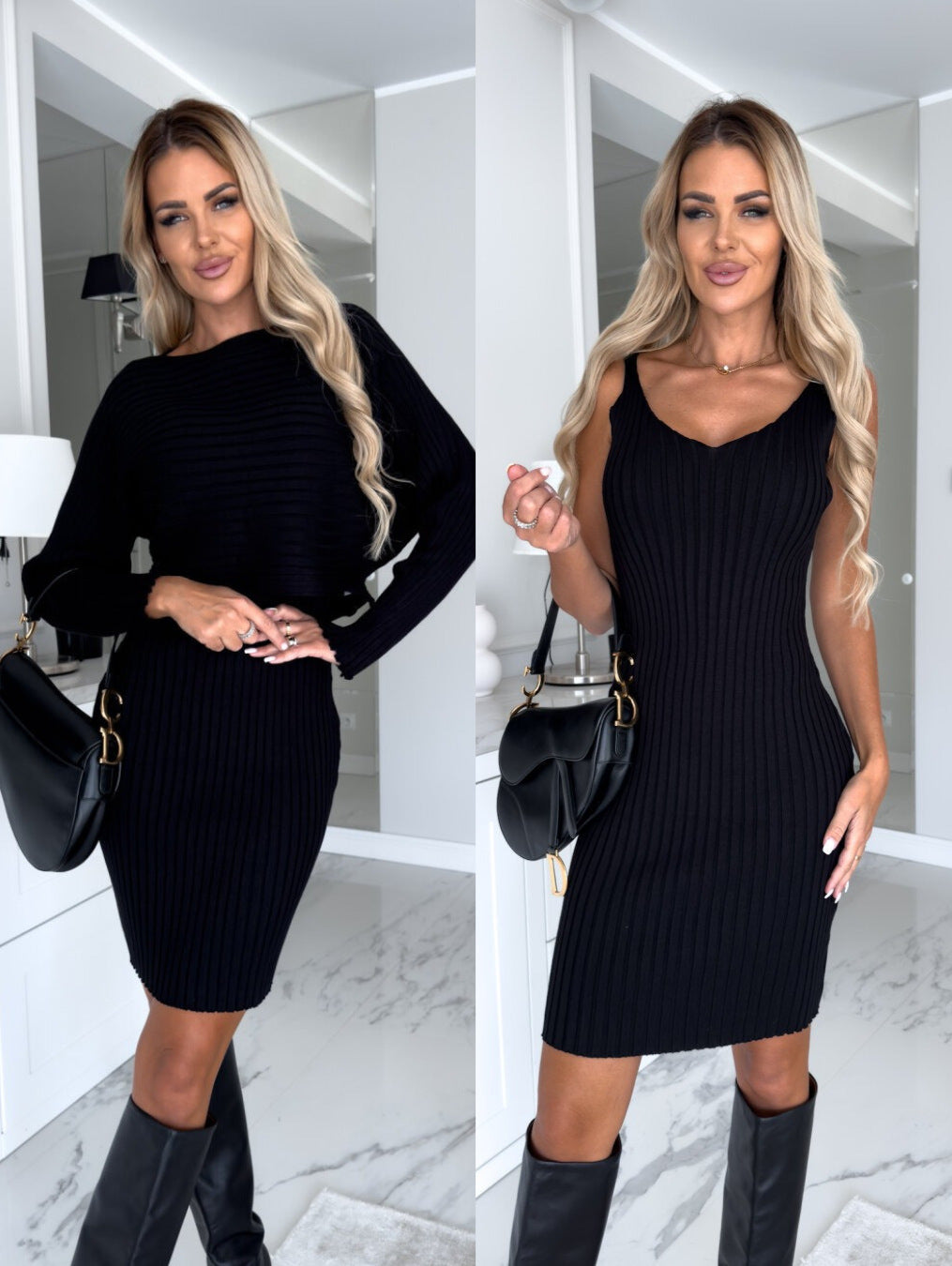 Ensemble 2 pièces pour femme, haut à manches longues et jupe à bretelles moulante à rayures unies, vêtements slim tendance pour l'automne et l'hiver