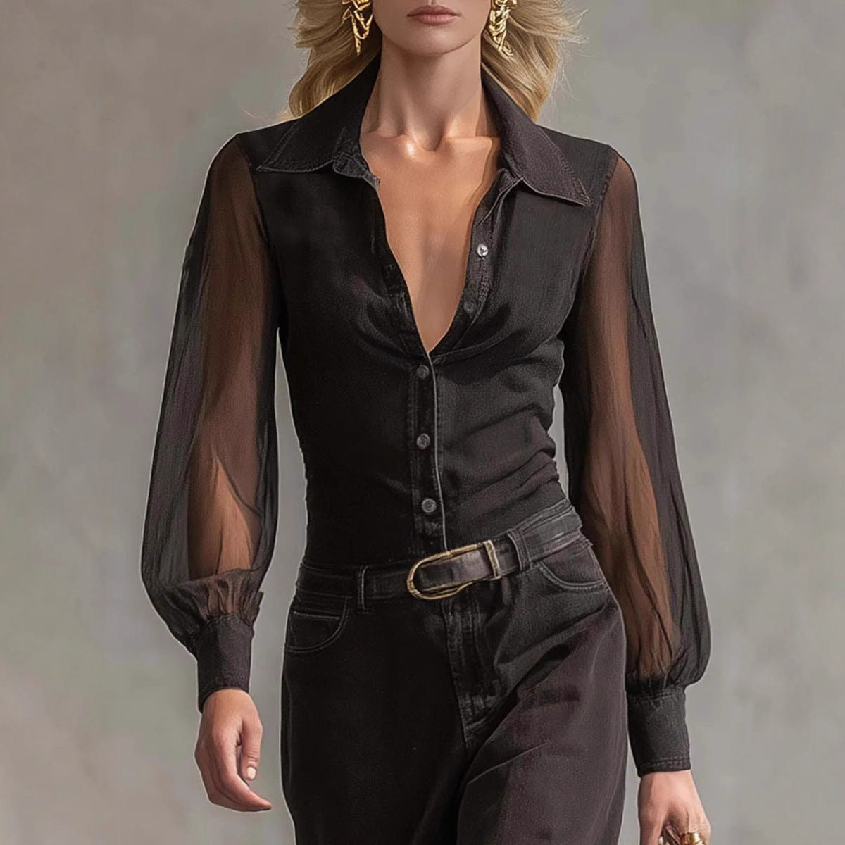 Robe chemisier transparente à manches longues et col boutonné en maille