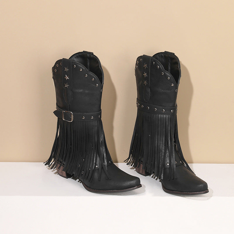 Bottes mi-mollet à pompons pour femmes