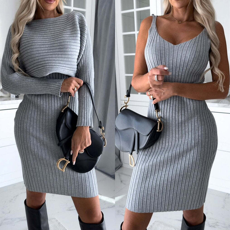 Ensemble 2 pièces pour femme, haut à manches longues et jupe à bretelles moulante à rayures unies, vêtements slim tendance pour l'automne et l'hiver