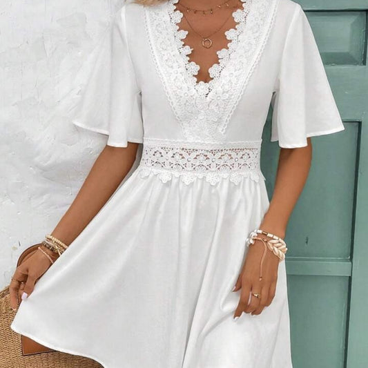 Robe à manches courtes et col en V en dentelle pour femme