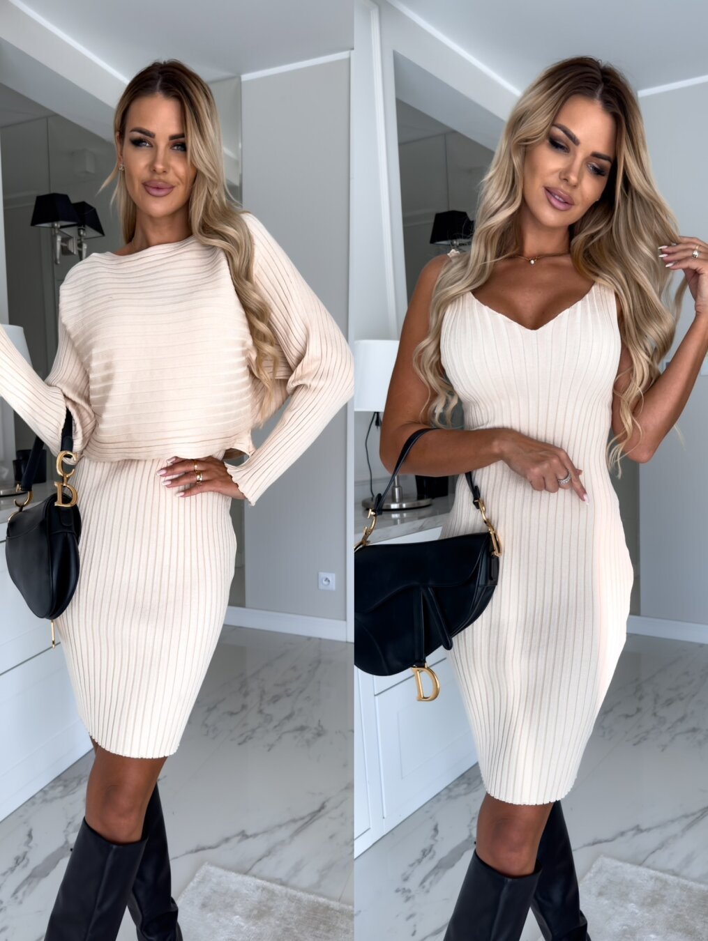 Ensemble 2 pièces pour femme, haut à manches longues et jupe à bretelles moulante à rayures unies, vêtements slim tendance pour l'automne et l'hiver