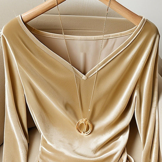 Top Champagne Col V Manches Longues Plissé Femme Hiver