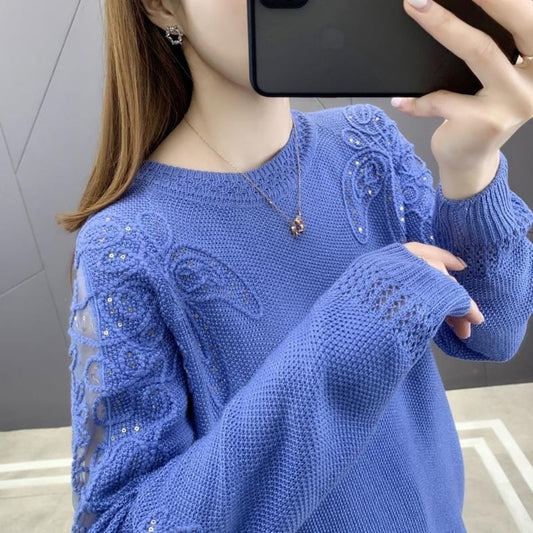 Pull en dentelle à manches longues pour femme, ample et ajouré