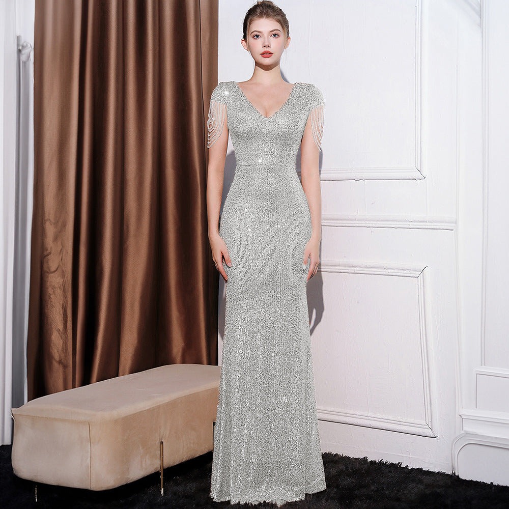 Robe longue amincissante à paillettes pour femme